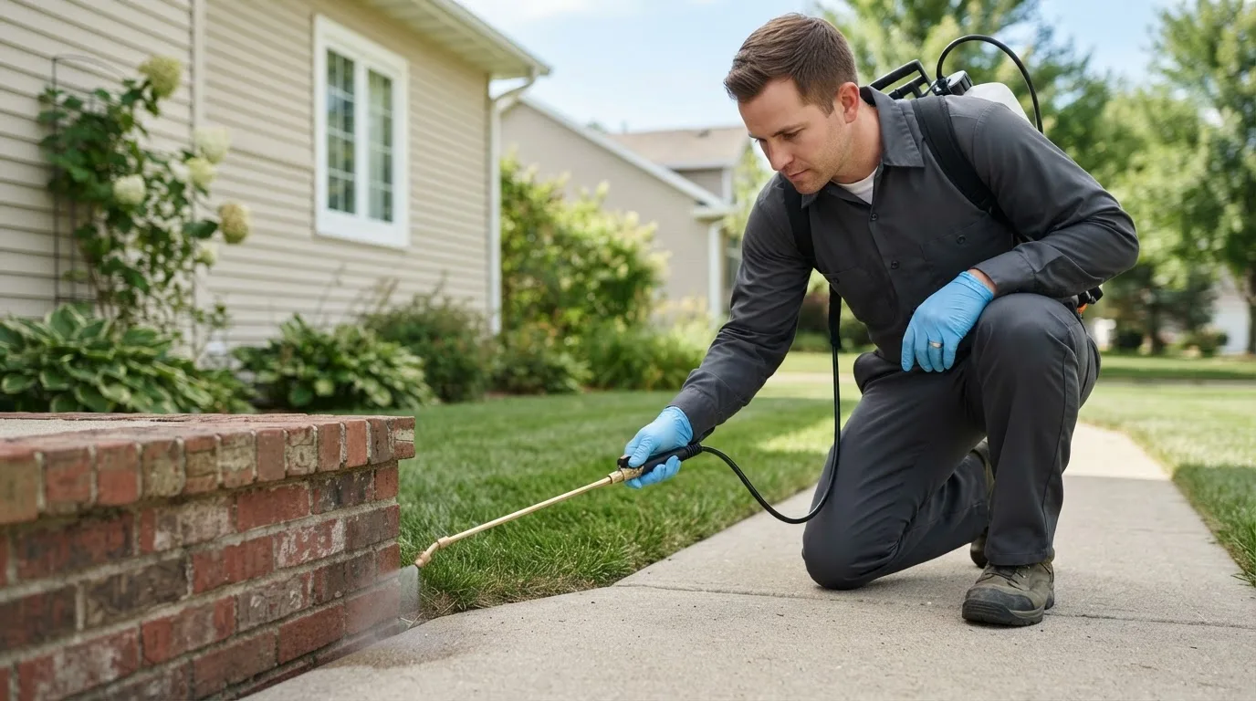 Pest control technician treating a home near Greenville, IL