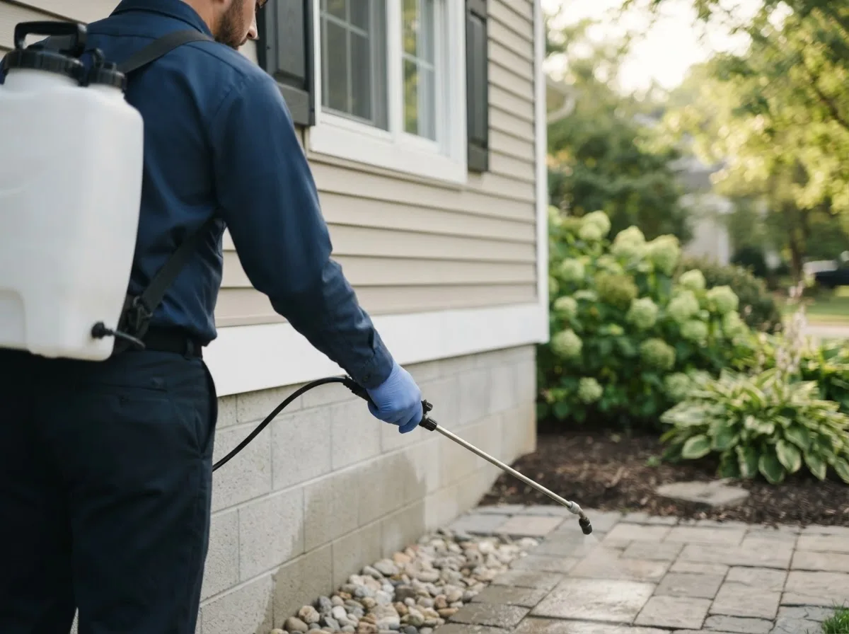 Pest control technician inspecting a home in Greenville, IL
